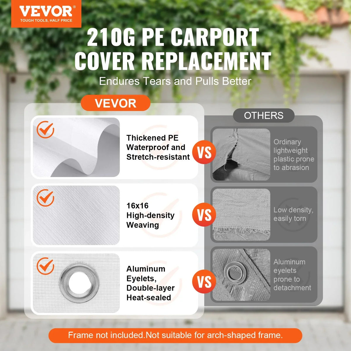 VEVOR 10 x 20 ft Carport Replacement Canopy Cover, Garage Top Tent Shelter Tarp Heavy-Duty Waterproof & UV Protected, Easy Installation with 40 Ball Bungeess (Only Top Cover, Frame Not Include), White - View 11