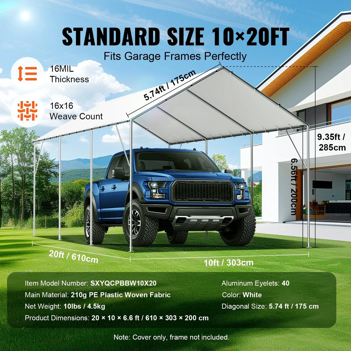 VEVOR 10 x 20 ft Carport Replacement Canopy Cover, Garage Top Tent Shelter Tarp Heavy-Duty Waterproof & UV Protected, Easy Installation with 40 Ball Bungeess (Only Top Cover, Frame Not Include), White - View 3