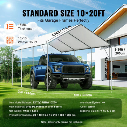 VEVOR 10 x 20 ft Carport Replacement Canopy Cover, Garage Top Tent Shelter Tarp Heavy-Duty Waterproof & UV Protected, Easy Installation with 40 Ball Bungeess (Only Top Cover, Frame Not Include), White - View 3