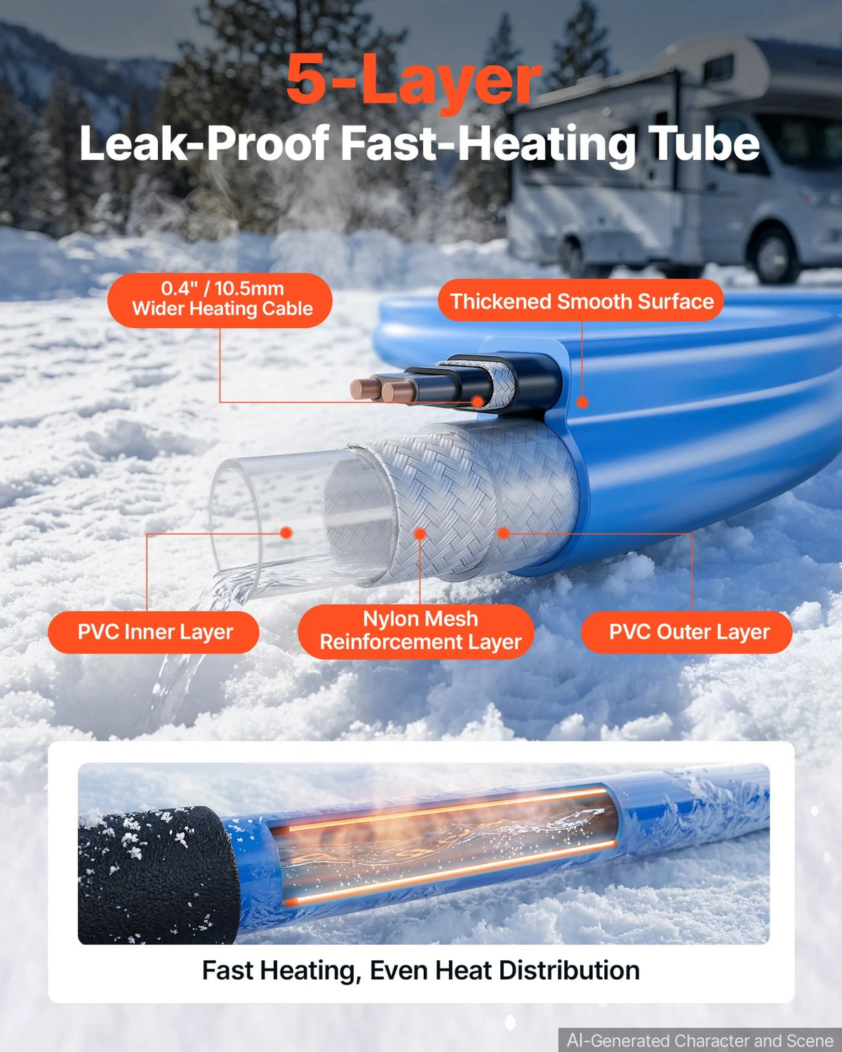 VEVOR 100FT Heated Water Hose for RV -45°F Anti Freeze Drinking Water Hose, 1/2" ID, Smooth Surface, with Leakage Protection GFCI, Built-in Thermostat, Freeze & Leak-Proof, Lead and BPA Free for RVs - View 3