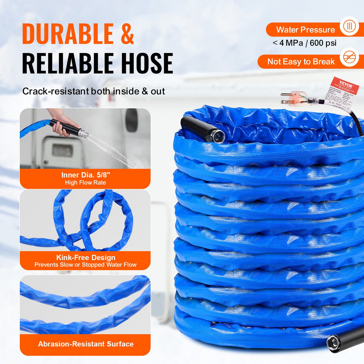 VEVOR 100ft Heated Water Hose for RV, Heated Drinking Water Hose with Corrugated Cover Antifreeze to -45°F, Automatic Self-regulating, 5/8" I.D. with 3/4" GHT Adapter, Lead and BPA Free - View 5