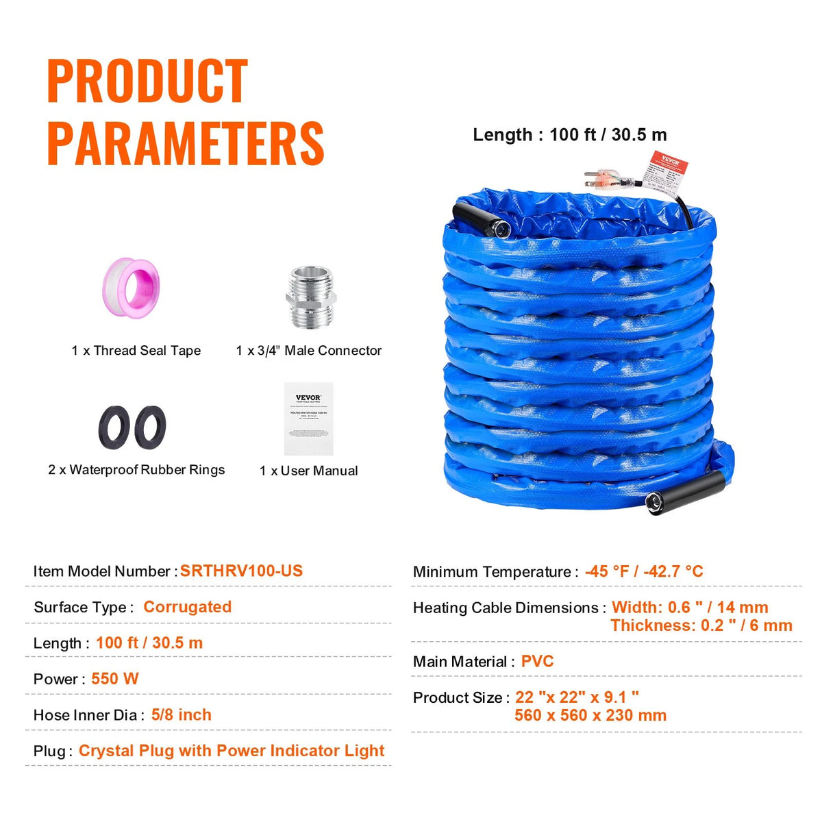 VEVOR 100ft Heated Water Hose for RV, Heated Drinking Water Hose with Corrugated Cover Antifreeze to -45°F, Automatic Self-regulating, 5/8" I.D. with 3/4" GHT Adapter, Lead and BPA Free - View 6