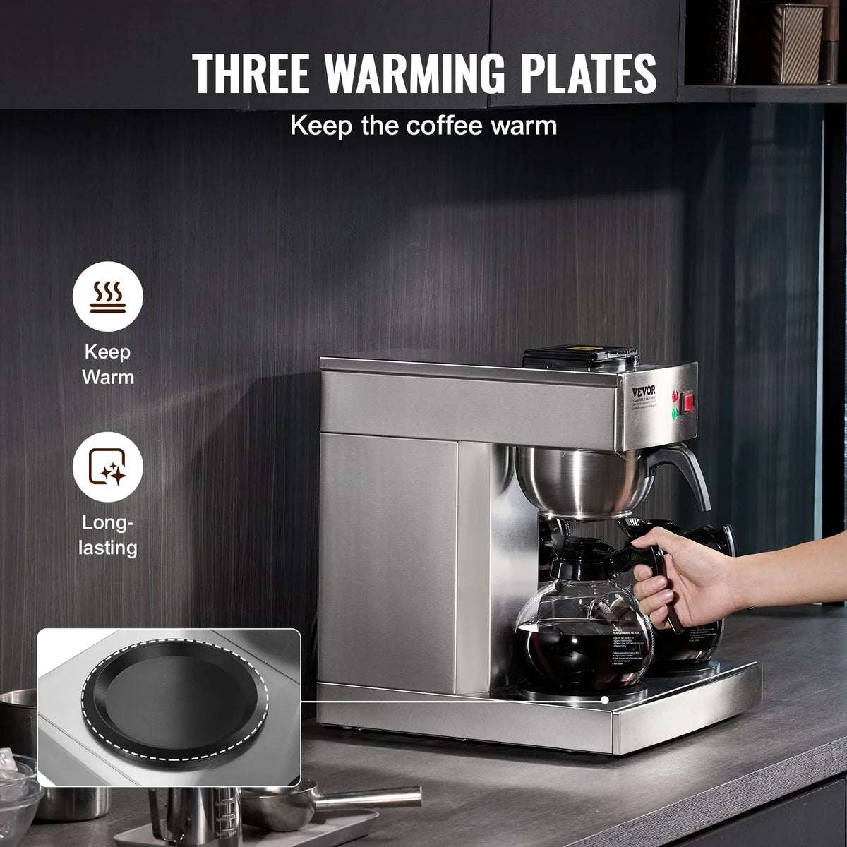 VEVOR 12 Cups Commercial Drip Coffee Maker, Coffee Maker Machine with 3 Glass Carafes and 3 Warmer Plates, Stainless Steel Pour Over Coffee Brewer with Auto Water Intake, for Restaurant Office Cafe