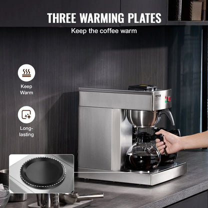 VEVOR 12 Cups Commercial Drip Coffee Maker, Coffee Maker Machine with 3 Glass Carafes and 3 Warmer Plates, Stainless Steel Pour Over Coffee Brewer with Auto Water Intake, for Restaurant Office Cafe