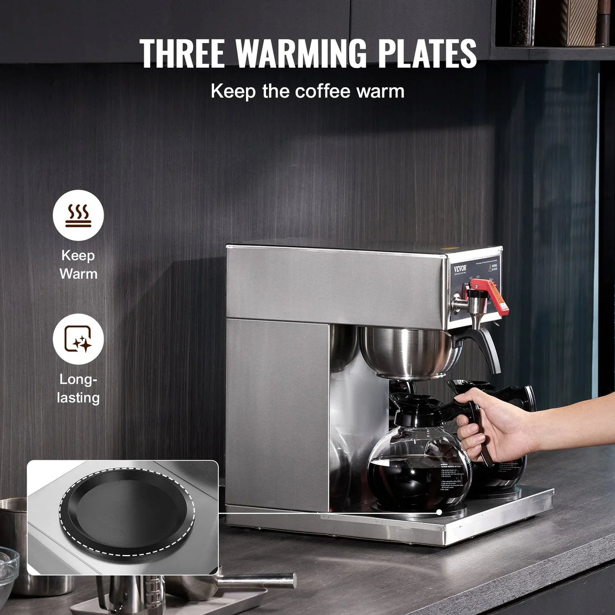 VEVOR 12 Cups Commercial Drip Coffee Maker, Coffee Maker Machine with 3 Glass Carafes and 3 Warmer Plates, Stainless Steel Pour Over Coffee Brewer for Restaurant, Office, Cafe - View 2