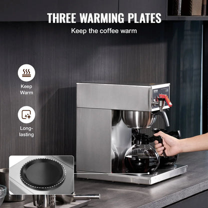 VEVOR 12 Cups Commercial Drip Coffee Maker, Coffee Maker Machine with 3 Glass Carafes and 3 Warmer Plates, Stainless Steel Pour Over Coffee Brewer for Restaurant, Office, Cafe - View 2