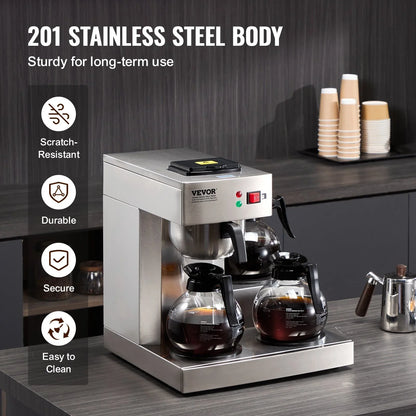 VEVOR 12 Cups Commercial Drip Coffee Maker, Coffee Maker Machine with 3 Glass Carafes and 3 Warmer Plates, Stainless Steel Pour Over Coffee Brewer with Auto Water Intake, for Restaurant Office Cafe - View 3