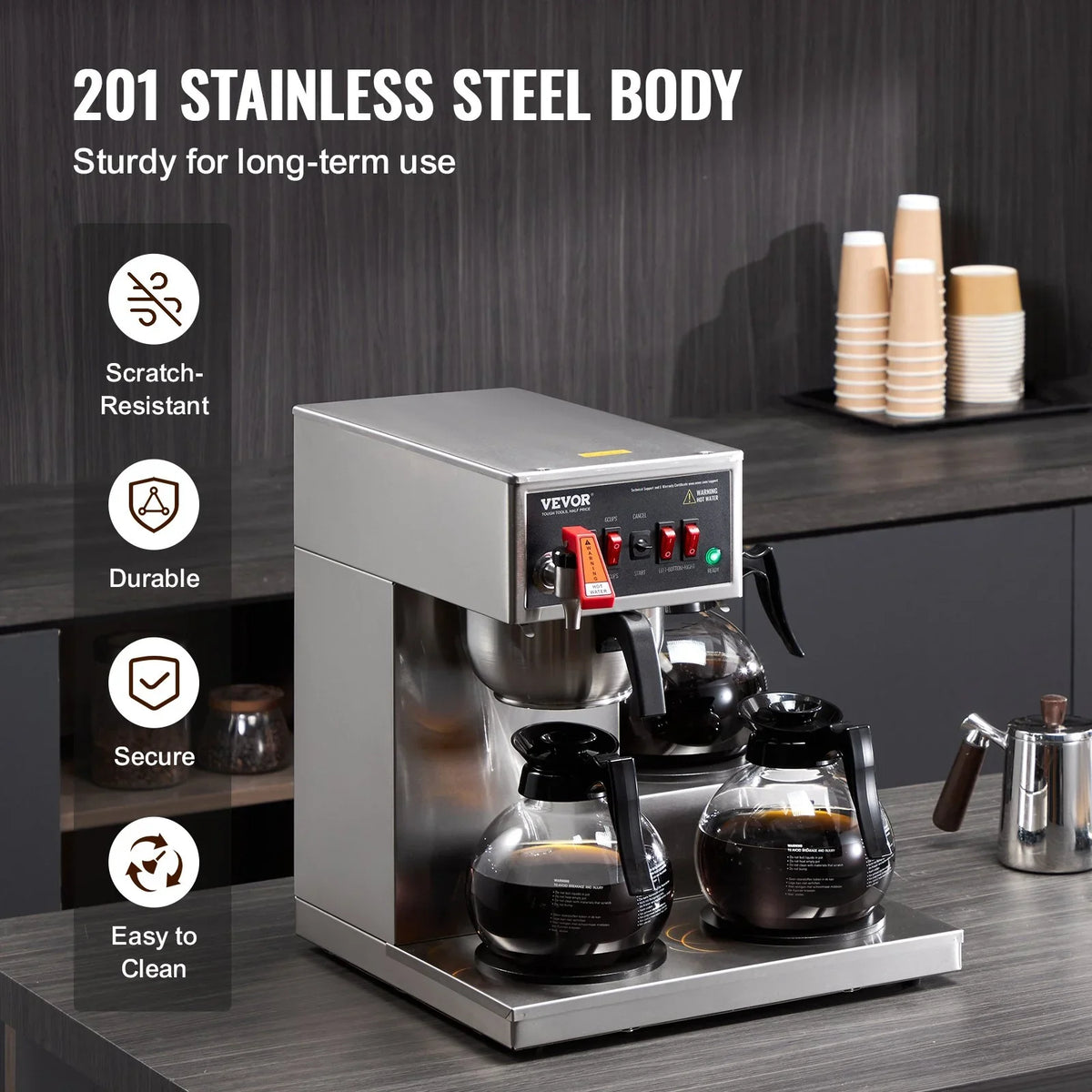 VEVOR 12 Cups Commercial Drip Coffee Maker, Coffee Maker Machine with 3 Glass Carafes and 3 Warmer Plates, Stainless Steel Pour Over Coffee Brewer for Restaurant, Office, Cafe - View 4