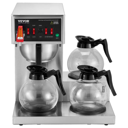 VEVOR 12 Cups Commercial Drip Coffee Maker, Coffee Maker Machine with 3 Glass Carafes and 3 Warmer Plates, Stainless Steel Pour Over Coffee Brewer for Restaurant, Office, Cafe - View 9