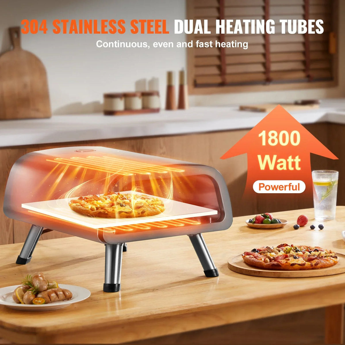 VEVOR 12" Electric Pizza Oven Countertop, Stainless Steel Pizza Maker Machine with Pizza Stone and Spatula, Heats up to 850°F, Multipurpose Indoor & Outdoor Pizza Cooker for Restaurant Home Camping - View 2