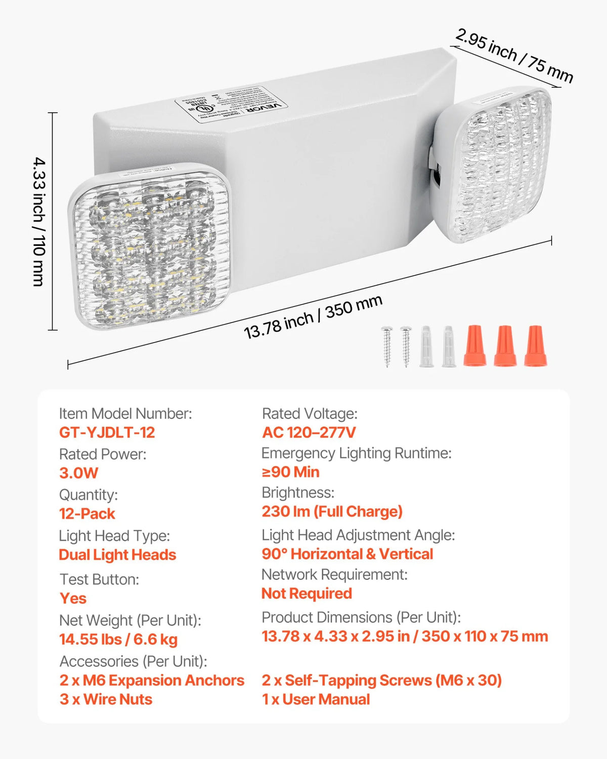 VEVOR 12 Pack Emergency Lights for Business, with Battery Backup, Commercial LED Emergency Exit Lighting Fixtures, AC 120/277V, with Two Square Head Adjustable, 90-Minute Backup, for Business, White - View 6