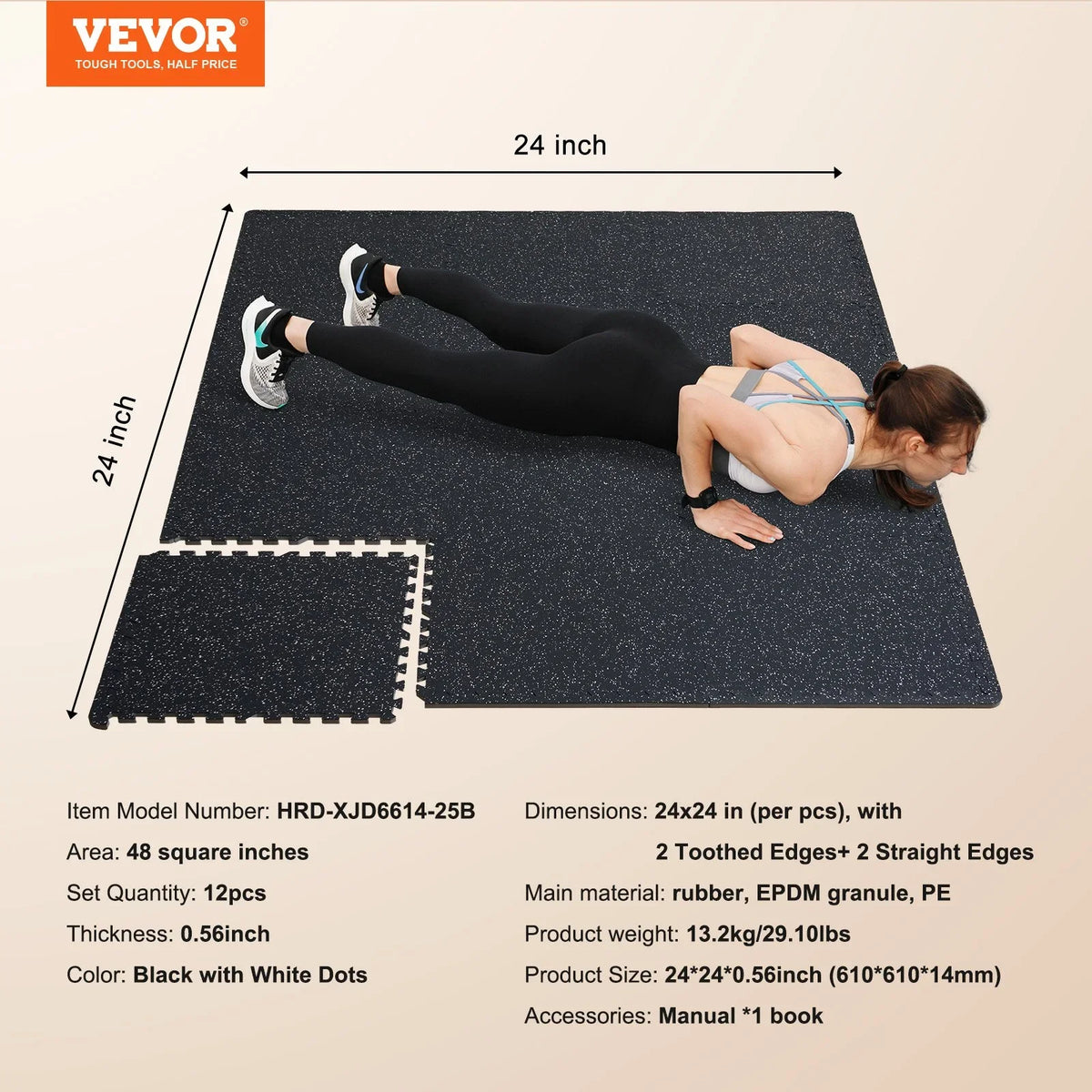 VEVOR 12 PCS 0.56" Thick Gym Floor Mats, 24" x 24" EVA Foam & Rubber Top Interlocking Workout Floor Mats with 48 sq.ft Coverage, Waterproof Exercise Puzzle Flooring for Gym, Home, Garage, Basement, Black & White - View 6