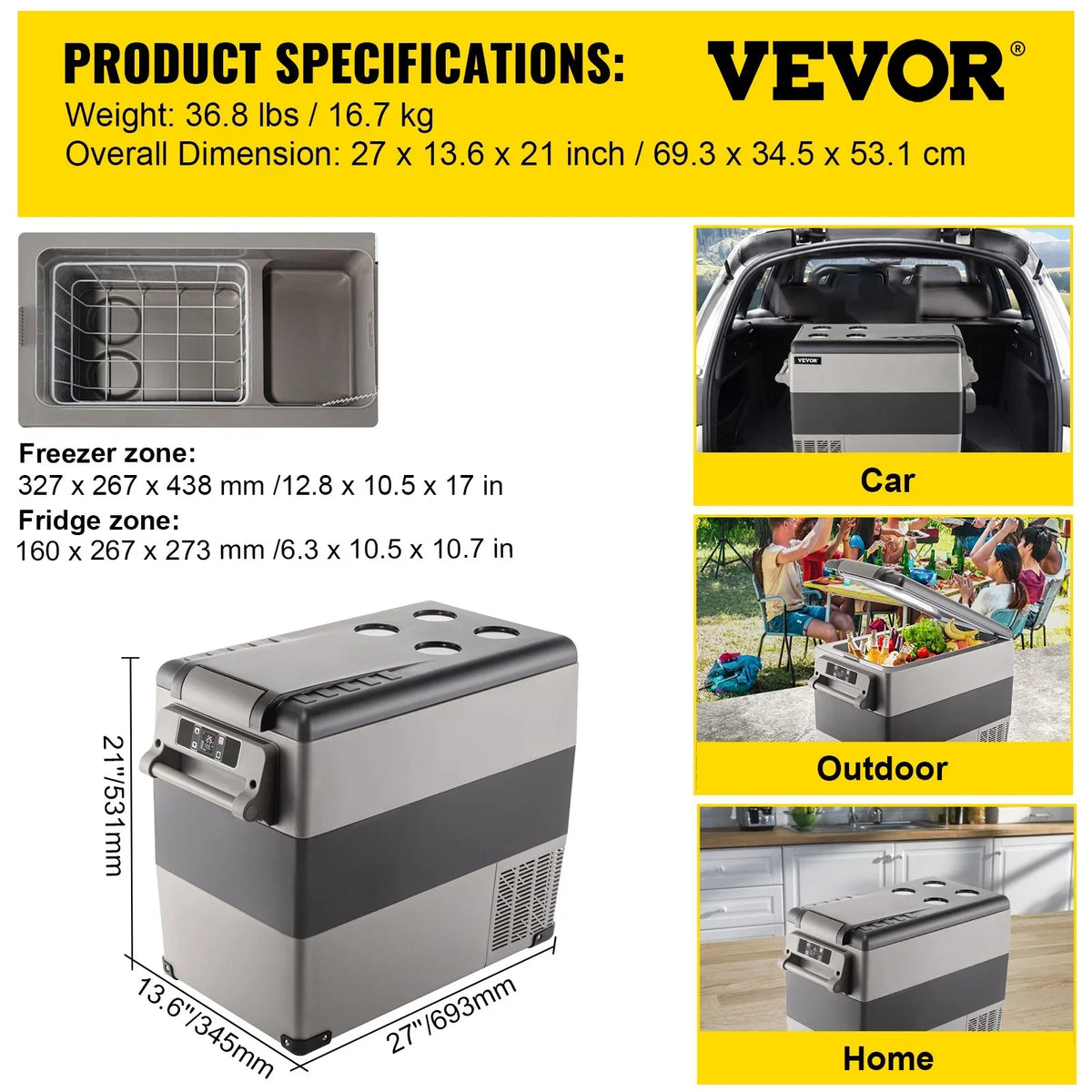 VEVOR 12 Volt Refrigerator, 58 Quart Car Refrigerator, Dual Zone Portable Refrigerator,RV Refrigerator with 12/24V DC and 110-240V AC, Freezer Fridge Cooler, for Car, RV, Camping and Home Use - View 7