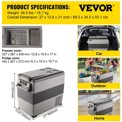VEVOR 12 Volt Refrigerator, 58 Quart Car Refrigerator, Dual Zone Portable Refrigerator,RV Refrigerator with 12/24V DC and 110-240V AC, Freezer Fridge Cooler, for Car, RV, Camping and Home Use - View 7