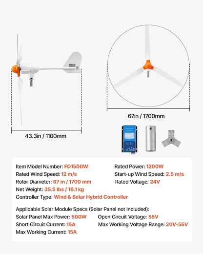 VEVOR 1200W 24V Wind Turbine Generator, 3-Blade Wind Turbine Kit with Wind/Solar Hybrid Controller, Efficient 3-Phase AC Permanent Wind Power Generator for RV Boat Home Farm (Tower Pole Not Included) - View 6