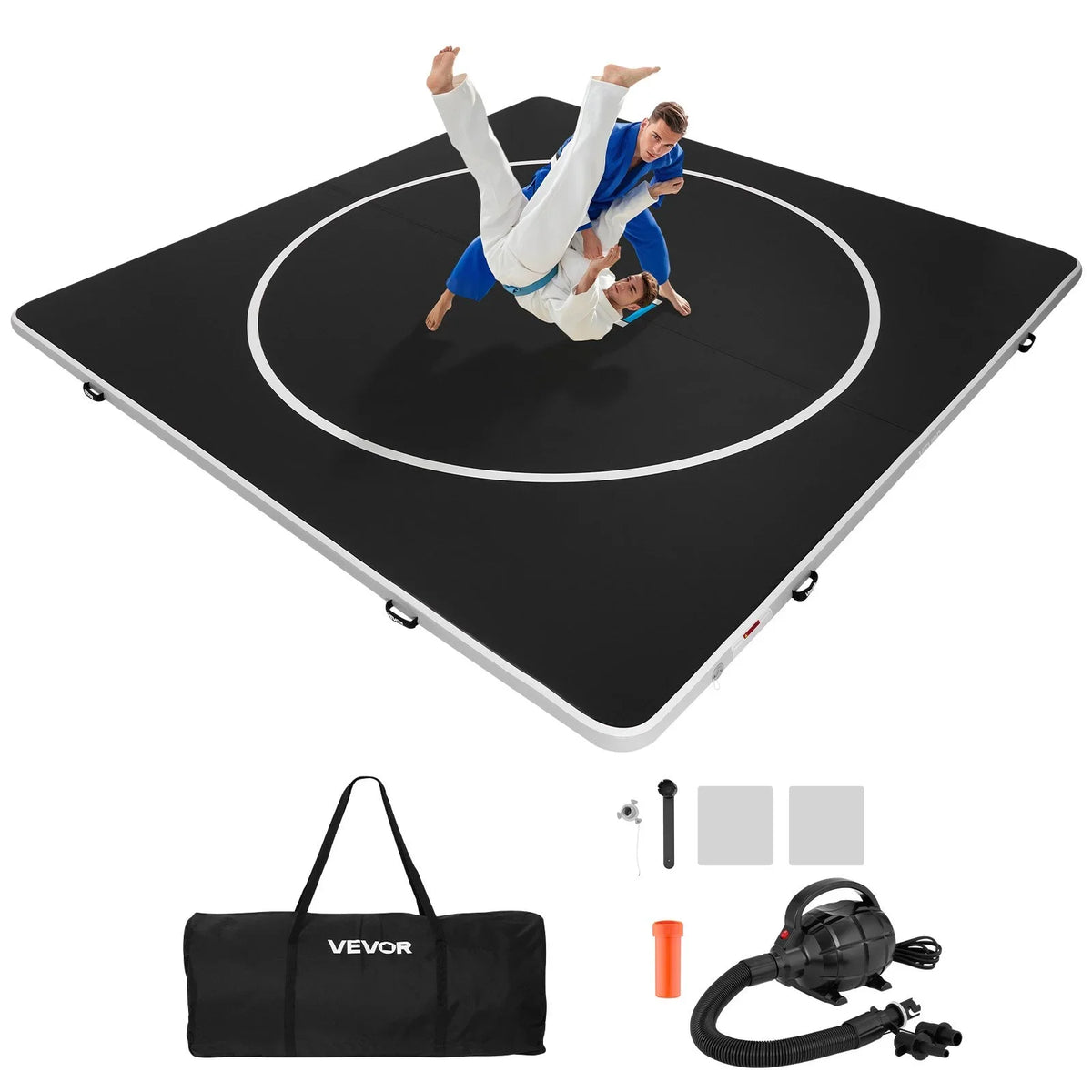 VEVOR 13x13 ft Wrestling Mat Inflatable, Martial Arts Thick Mat for Home Gym Exercise, PVC Foldable Training Mats with Circles and 600W Air Pump, for Gymnastics, Tatami, Jiu Jitsu BJJ MMA Judo, Black