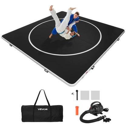 VEVOR 13x13 ft Wrestling Mat Inflatable, Martial Arts Thick Mat for Home Gym Exercise, PVC Foldable Training Mats with Circles and 600W Air Pump, for Gymnastics, Tatami, Jiu Jitsu BJJ MMA Judo, Black