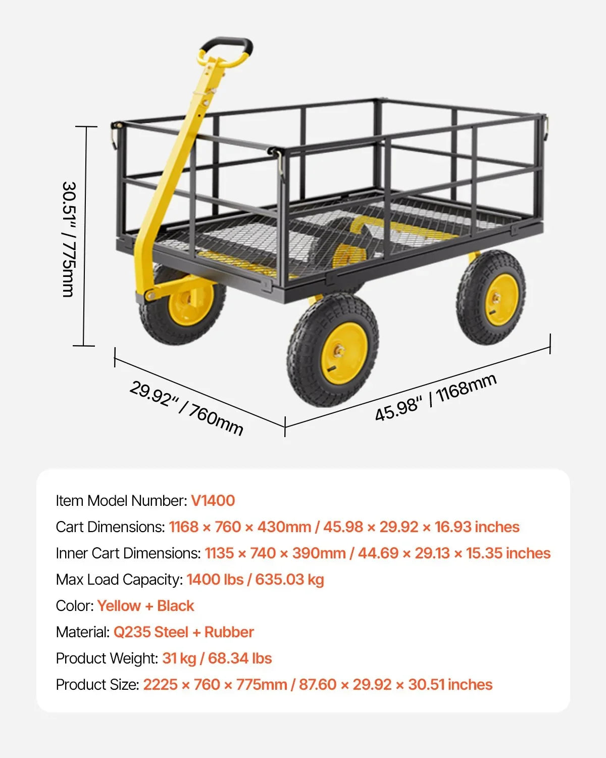 VEVOR 1400 Lbs Steel Garden Cart, Heavy Duty Pullable Garden Wagon Yard Cart, 2 in 1 Outdoor Metal Utility Wagon Yard Trailer with 13" All Terrain Tires, Mesh Removable Sides and 180°Rotating Handle - View 6