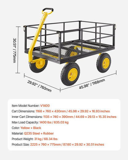 VEVOR 1400 Lbs Steel Garden Cart, Heavy Duty Pullable Garden Wagon Yard Cart, 2 in 1 Outdoor Metal Utility Wagon Yard Trailer with 13" All Terrain Tires, Mesh Removable Sides and 180°Rotating Handle - View 6