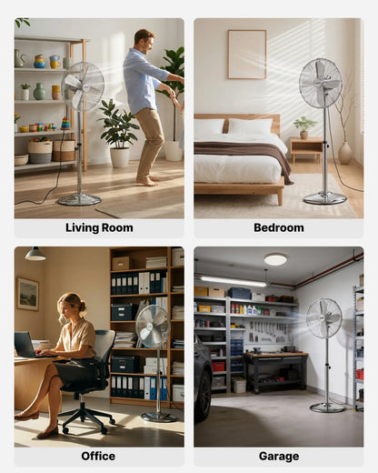 VEVOR 16-Inch High Velocity Pedestal Fan, 1450 CFM Industrial Standing Floor Fan with Handle, 75° Oscillating, 3-Speed Adjustable Height, Metal Made for Commercial, Garage, Workshop, Home, Silver - View 5