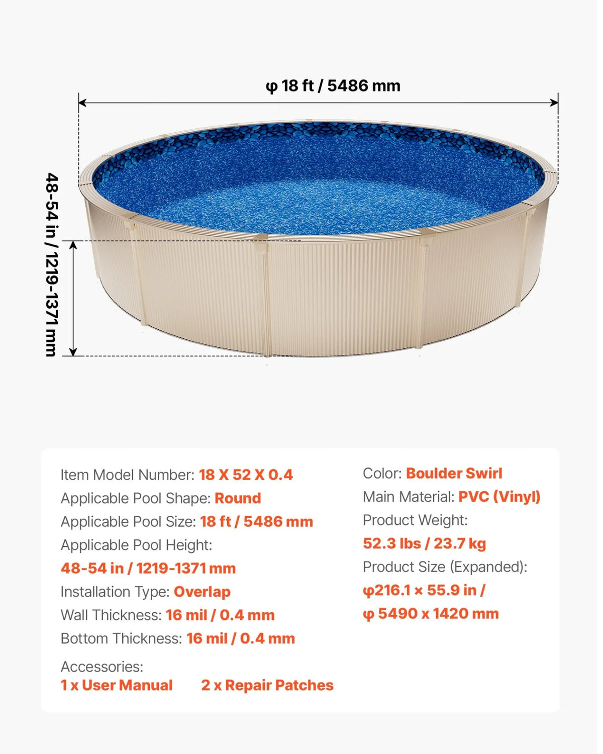 VEVOR 18ft Pool Liner, Round Overlap Swimming Pool Liner for 52 in Wall Height, Premium Vinyl, Easy Install with Leak-Proof Patches, Designed for Steel Sided Above-Ground,Outdoor, Boulder Swirl - View 6