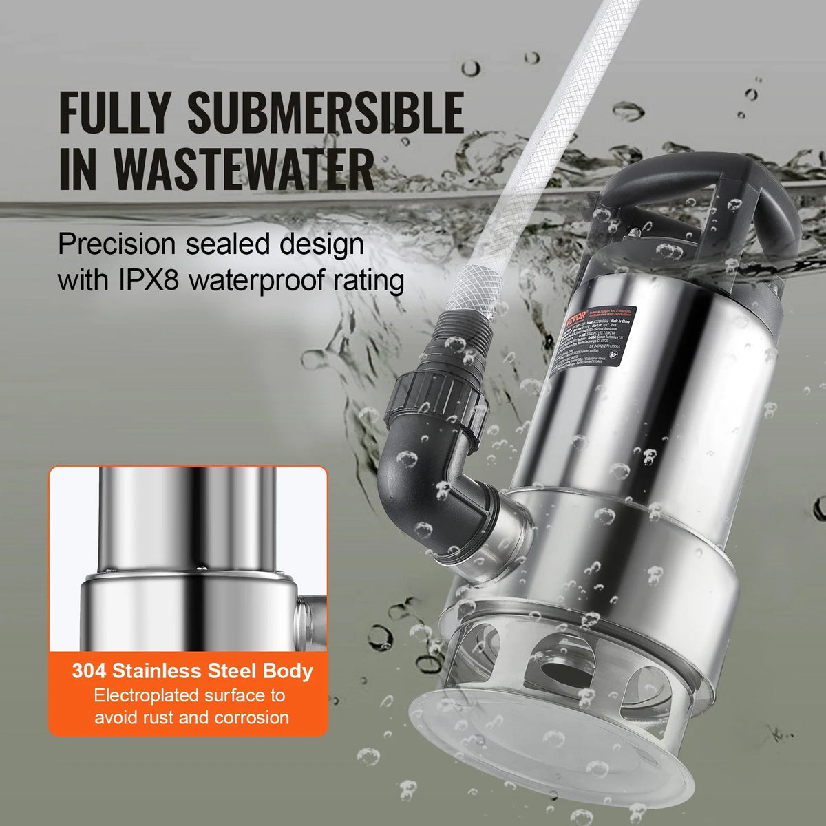 VEVOR 1HP Sump Pump, 4020GPH, 30FT Lift Stainless Steel Submersible Sludge Pump with 26FT Power Cord Automatic ON/OFF Float Switch, Drain Clean/Dirty Water for Basement Flood Pool Pond Garden Hot Tub - View 3