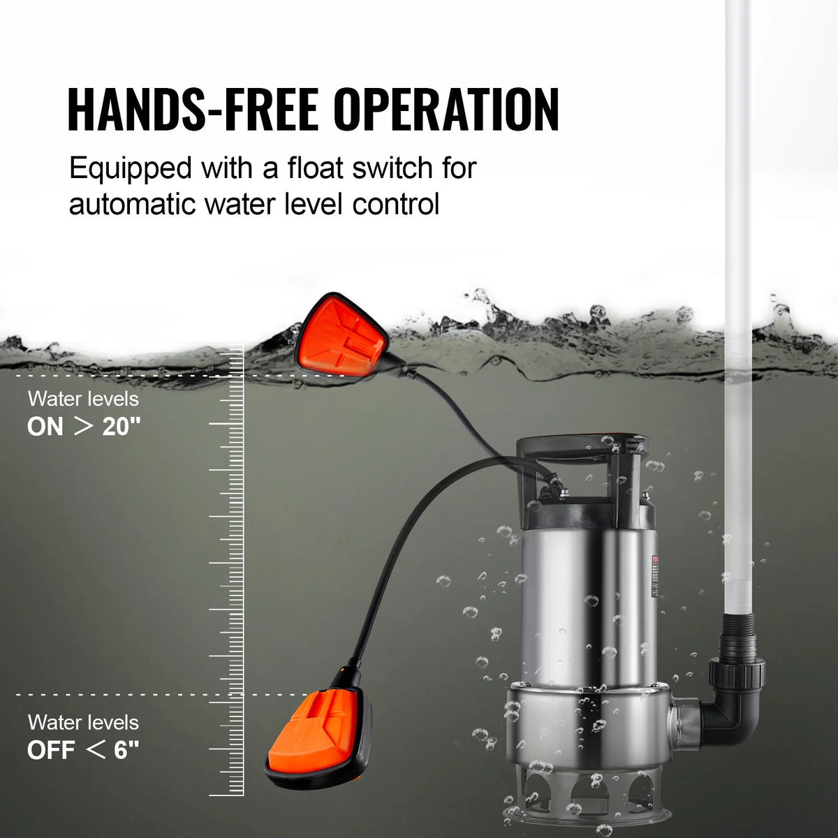 VEVOR 1HP Sump Pump, 4020GPH, 30FT Lift Stainless Steel Submersible Sludge Pump with 26FT Power Cord Automatic ON/OFF Float Switch, Drain Clean/Dirty Water for Basement Flood Pool Pond Garden Hot Tub - View 4