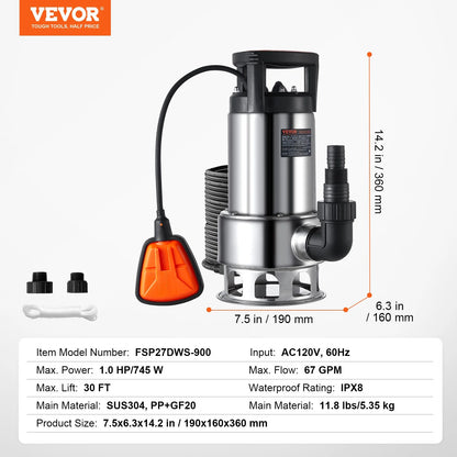 VEVOR 1HP Sump Pump, 4020GPH, 30FT Lift Stainless Steel Submersible Sludge Pump with 26FT Power Cord Automatic ON/OFF Float Switch, Drain Clean/Dirty Water for Basement Flood Pool Pond Garden Hot Tub - View 6