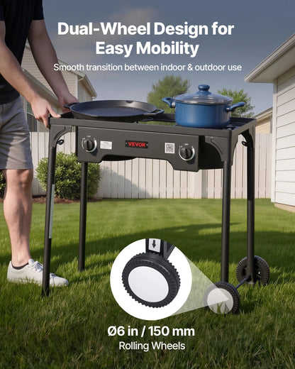 VEVOR 2 Burner Outdoor Propane Gas Stove, 150,000 BTU Propane LPG Gas Camping Stove, Heavy-duty Carbon Steel Outdoor Cooker, with 2 Wheels & 20 PSI Regulator & Hose, for BBQ Camp Home Patio Backyard - View 2