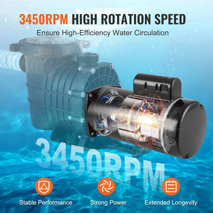 VEVOR 2 HP Pool Pump Motor, 56Y Frame, 230V (7.8 Amps) 3450 RPM, 60Hz, 1.3 Service Factor, 50μF/250V Capacitor, CCW Rotation Square Flange Replacement Motor - View 2