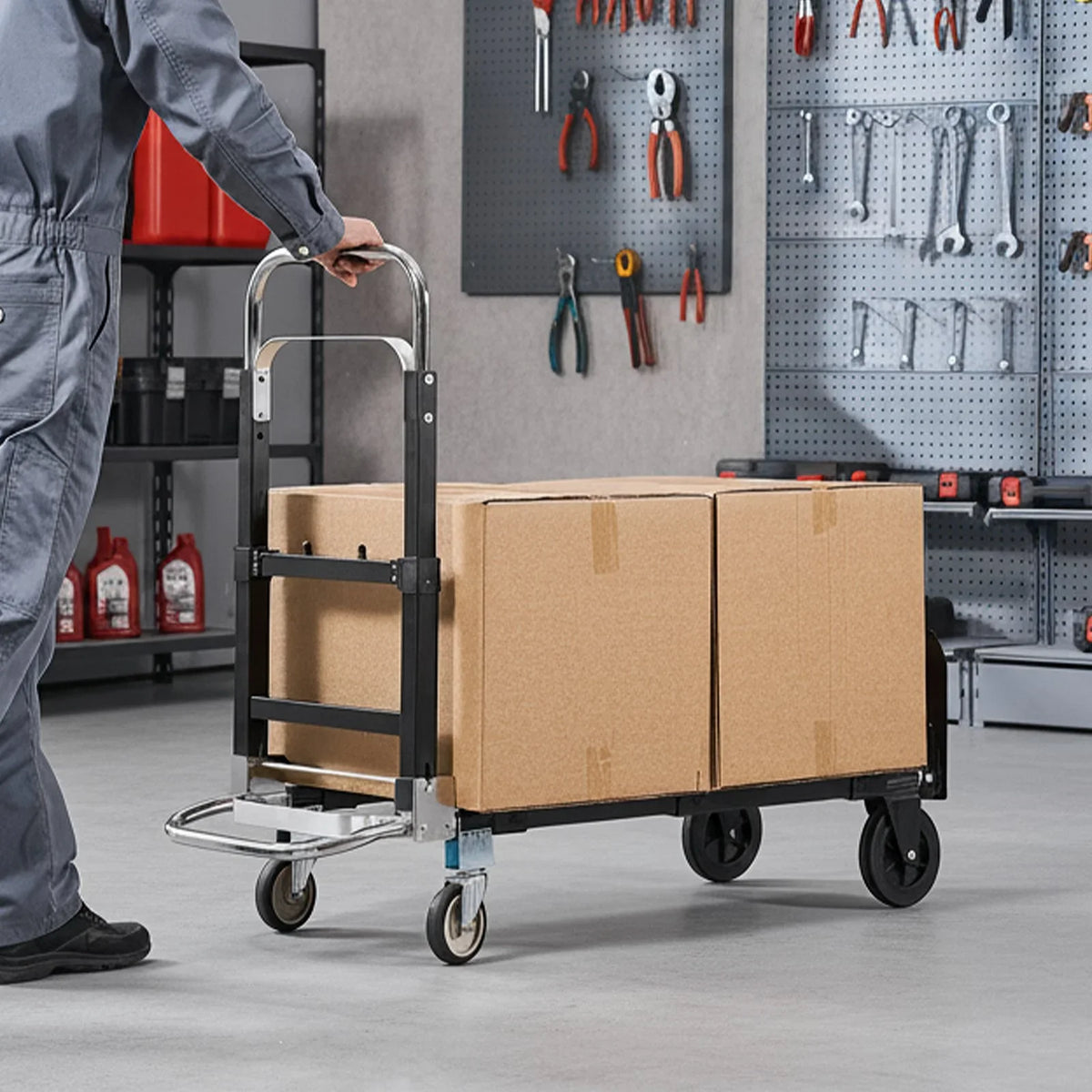 VEVOR 2 in 1 Folding Hand Truck, 500 lbs Load Capacity for 4-Wheel Mode, Convertible Hand Truck Dolly with Wheels & Adjustable Handle, Portable Trolley Dolly for Moving Home, Office, Warehouse
