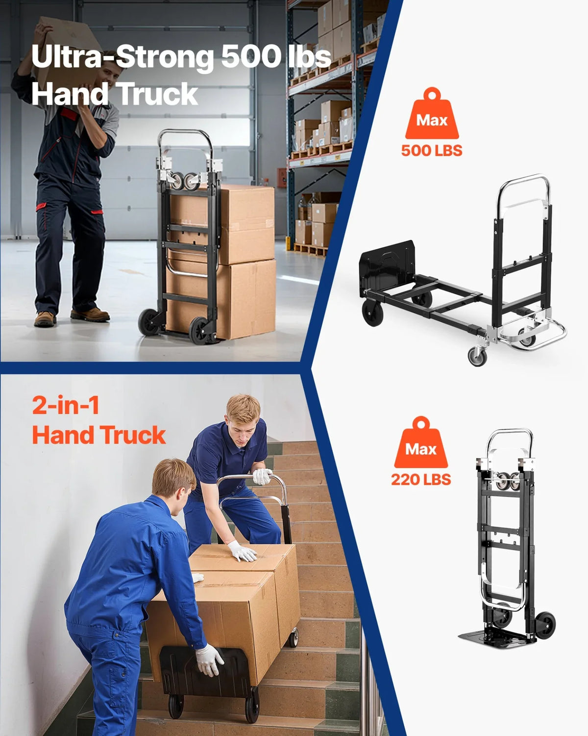 VEVOR 2 in 1 Folding Hand Truck, 500 lbs Load Capacity for 4-Wheel Mode, Convertible Hand Truck Dolly with Wheels & Adjustable Handle, Portable Trolley Dolly for Moving Home, Office, Warehouse - View 2