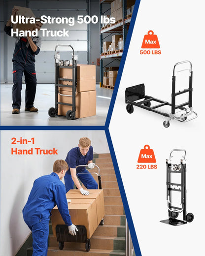 VEVOR 2 in 1 Folding Hand Truck, 500 lbs Load Capacity for 4-Wheel Mode, Convertible Hand Truck Dolly with Wheels & Adjustable Handle, Portable Trolley Dolly for Moving Home, Office, Warehouse - View 2