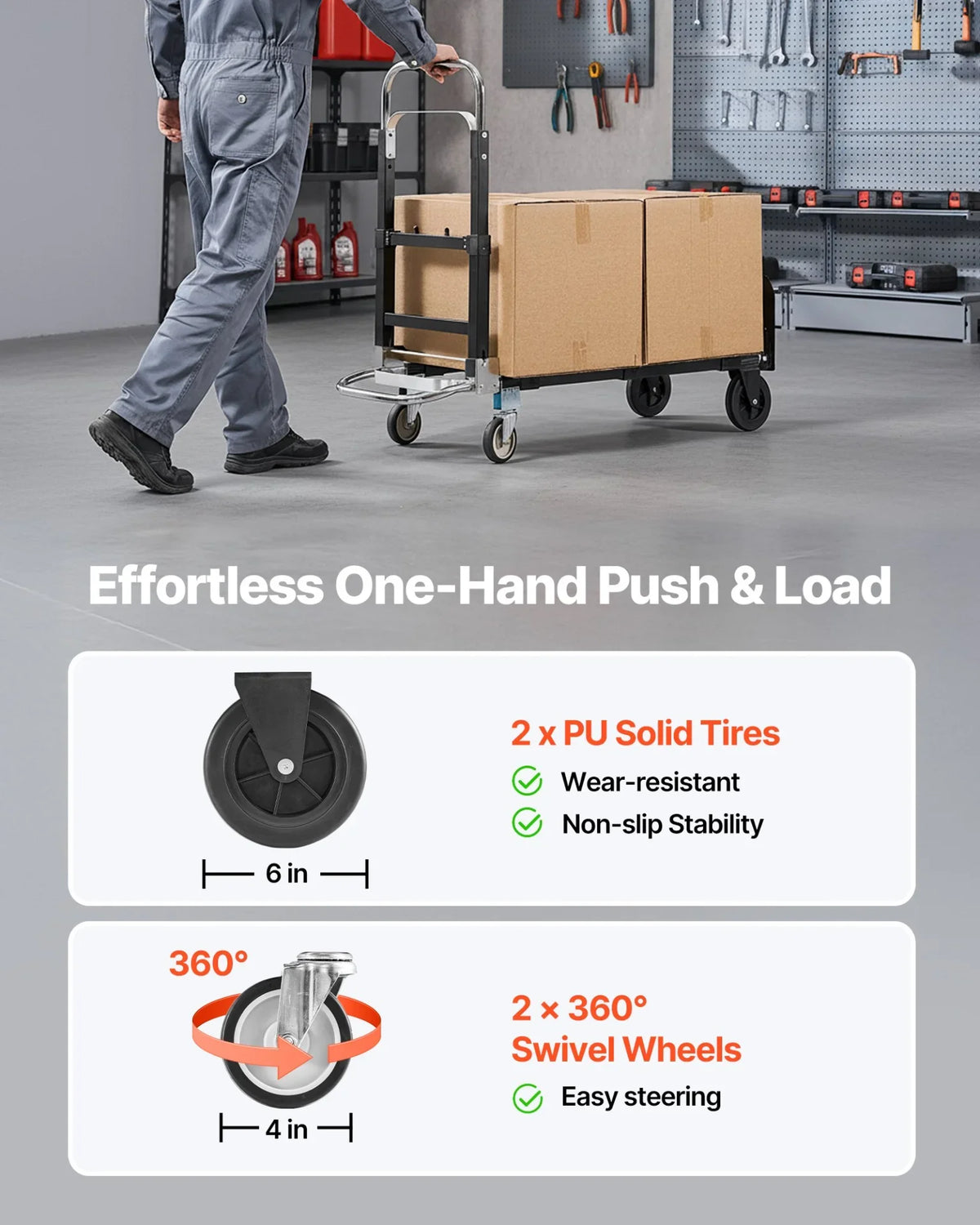 VEVOR 2 in 1 Folding Hand Truck, 500 lbs Load Capacity for 4-Wheel Mode, Convertible Hand Truck Dolly with Wheels & Adjustable Handle, Portable Trolley Dolly for Moving Home, Office, Warehouse - View 3