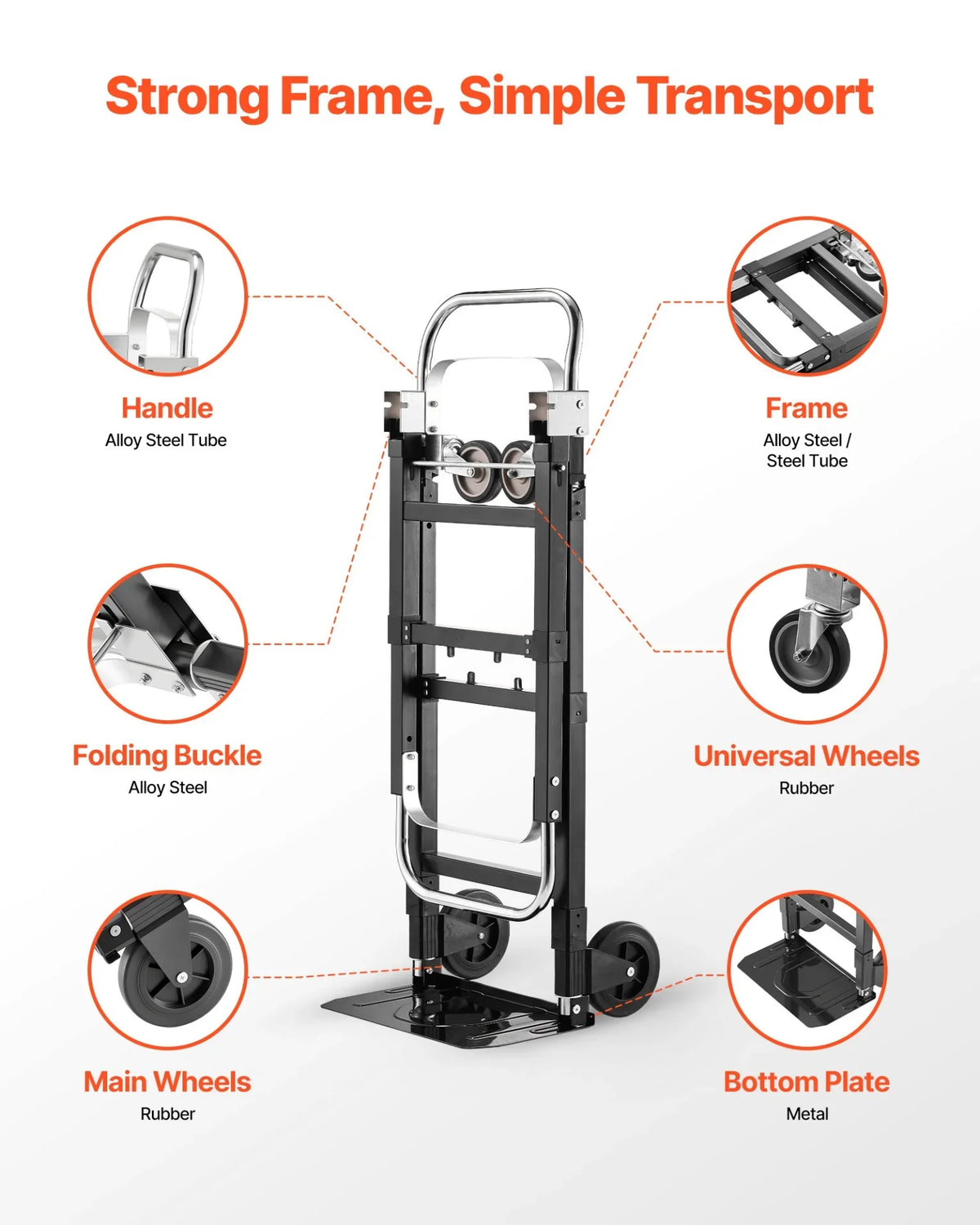 VEVOR 2 in 1 Folding Hand Truck, 500 lbs Load Capacity for 4-Wheel Mode, Convertible Hand Truck Dolly with Wheels & Adjustable Handle, Portable Trolley Dolly for Moving Home, Office, Warehouse - View 4
