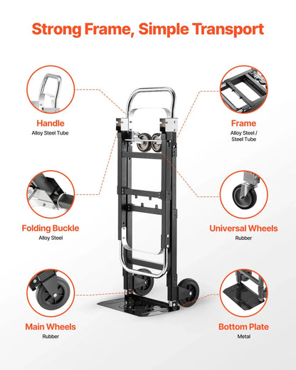 VEVOR 2 in 1 Folding Hand Truck, 500 lbs Load Capacity for 4-Wheel Mode, Convertible Hand Truck Dolly with Wheels & Adjustable Handle, Portable Trolley Dolly for Moving Home, Office, Warehouse - View 4