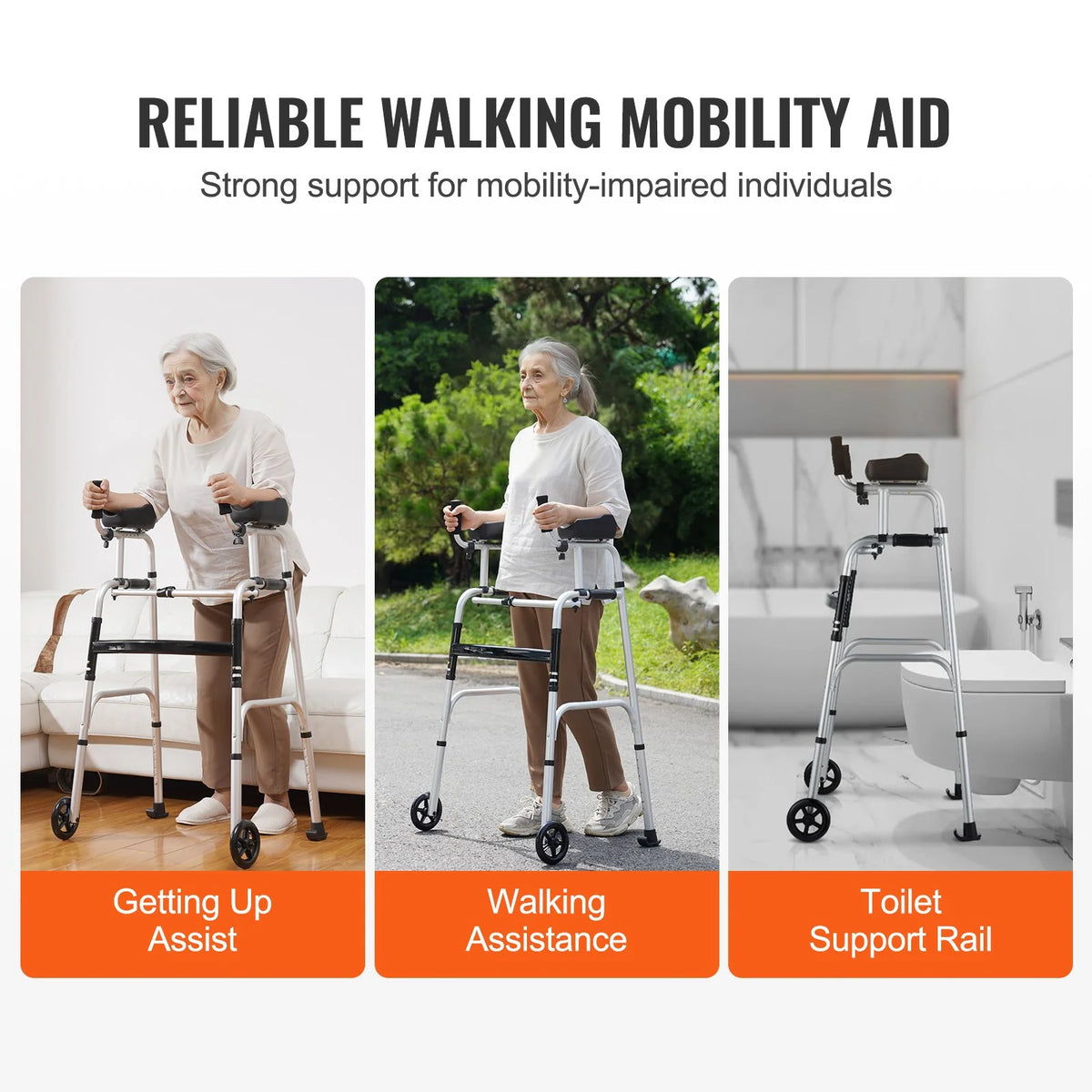 VEVOR 2 in 1 Folding Walker with Armrest Pads & 5" Solid Wheel Height Adjustable - View 5