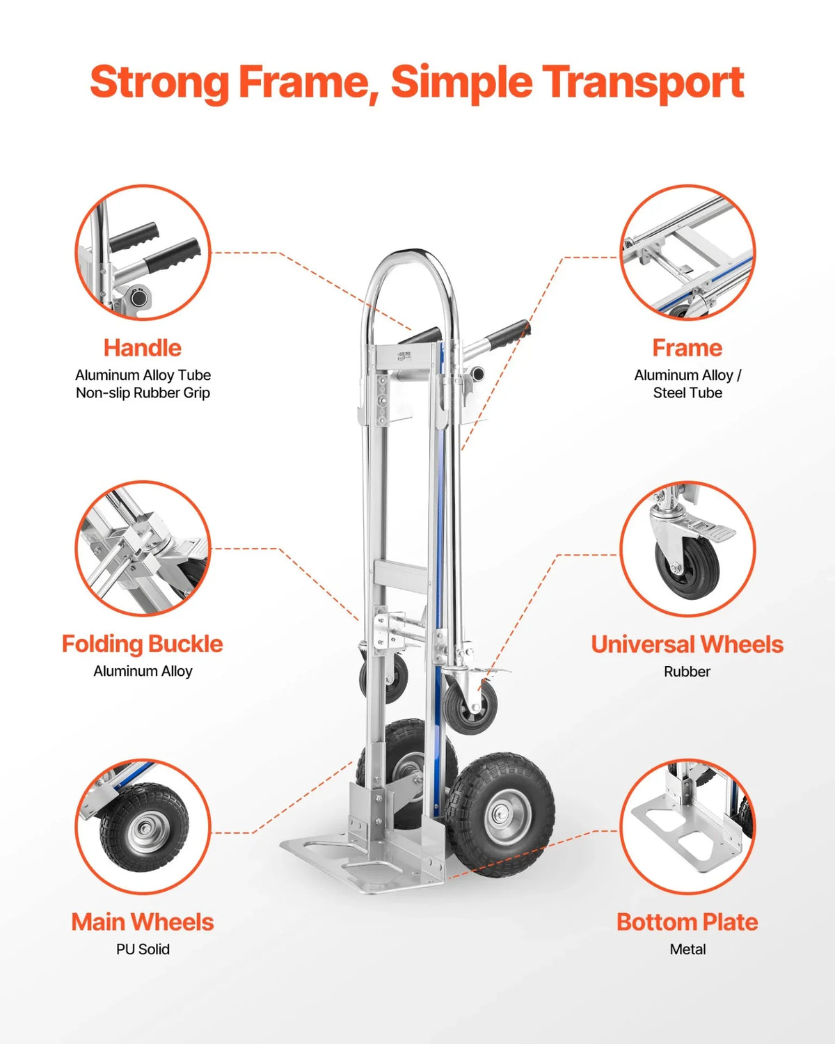 VEVOR 2 in 1 Hand Truck, 1000 lbs Load Capacity for 4-Wheel Mode, Convertible Hand Truck Dolly with Non-Slip Handle & Wheels, Portable Trolley Dolly for Moving Home, Office, Warehouse, Supermarket - View 4