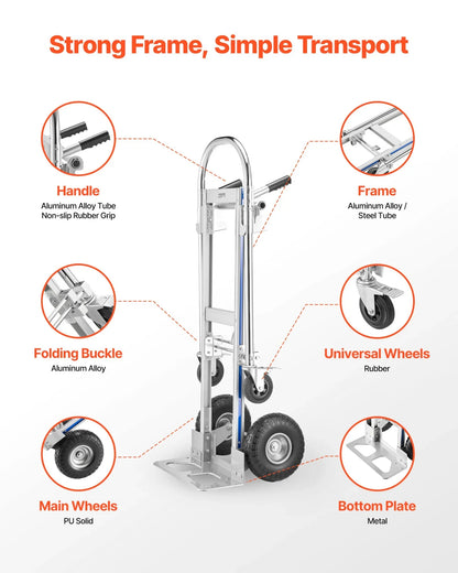 VEVOR 2 in 1 Hand Truck, 1000 lbs Load Capacity for 4-Wheel Mode, Convertible Hand Truck Dolly with Non-Slip Handle & Wheels, Portable Trolley Dolly for Moving Home, Office, Warehouse, Supermarket - View 4