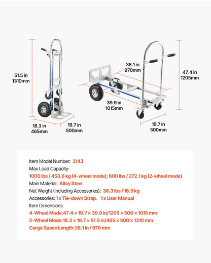 VEVOR 2 in 1 Hand Truck, 1000 lbs Load Capacity for 4-Wheel Mode, Convertible Hand Truck Dolly with Non-Slip Handle & Wheels, Portable Trolley Dolly for Moving Home, Office, Warehouse, Supermarket - View 7