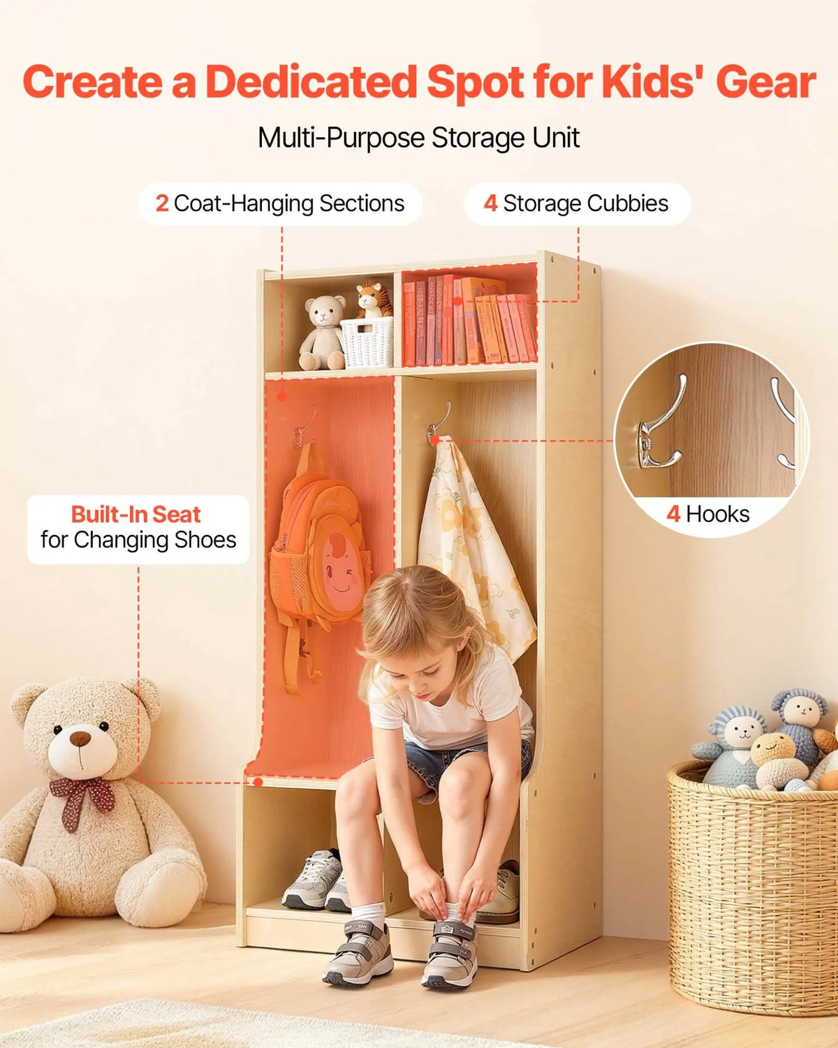 VEVOR 2-Section Kids Coat Locker, Wooden Toddler Cubby Storage Organizer with 4 Hooks & Anti-Tip Kit, Modern Kid Coat Cubbies with 4 Small Open Storage Boxes for Home, Kindergarten, Daycare, Natural
