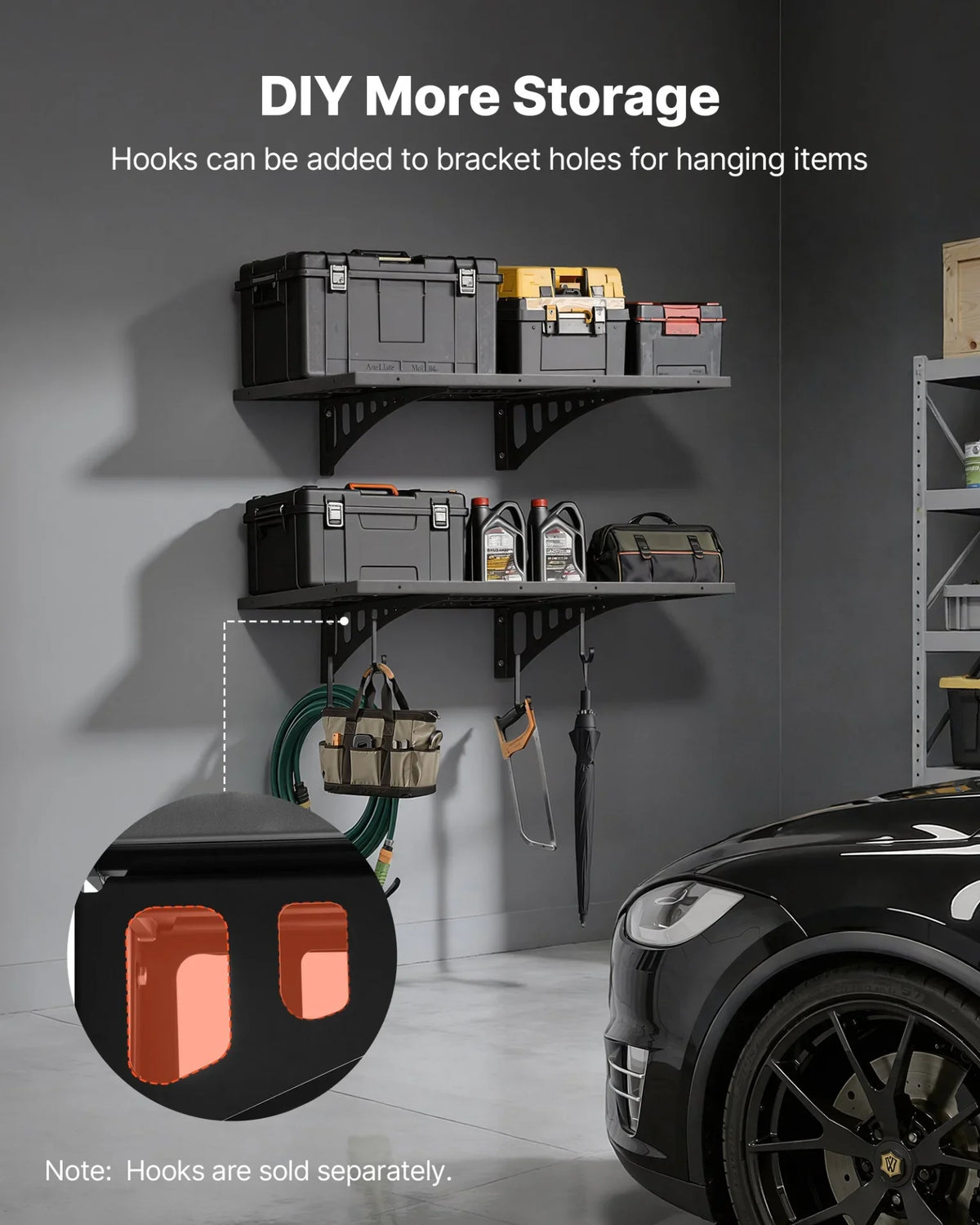 VEVOR 2-Tier Heavy Duty Wall Garage Shelving, 2 x 3 ft Steel Wall Mounted Shelving Unit, 12 x 72 Inch Per Shelf Floating Storage Metal Rack for Garage with 560 lbs Total Weight Capacity, Black - View 5