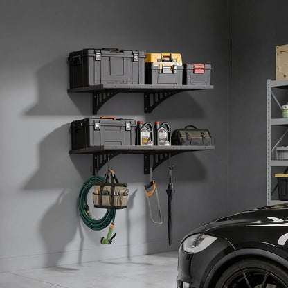 VEVOR 2-Tier Heavy Duty Wall Garage Shelving, 2 x 3 ft Steel Wall Mounted Shelving Unit, 12 x 72 Inch Per Shelf Floating Storage Metal Rack for Garage with 560 lbs Total Weight Capacity, Black - View 7