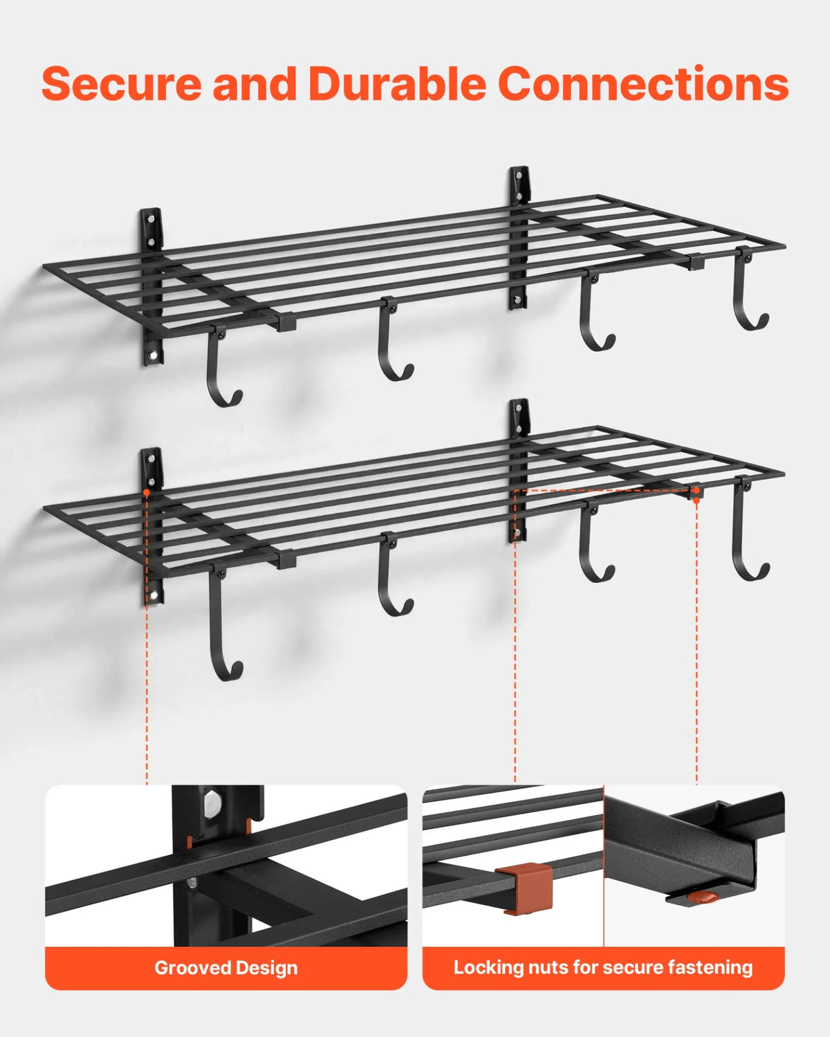 VEVOR 2-Tier Heavy Duty Wall Garage Shelving, 2 x 4 ft Steel Wall Mounted Shelving Unit with Hooks, 24 x 48 Inch Per Shelf Floating Storage Metal Rack for Garage, 520 lbs Total Weight Capacity, Black - View 3