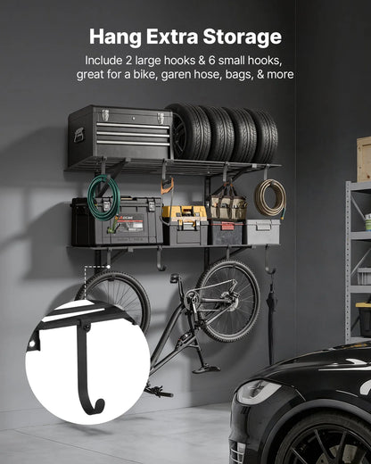 VEVOR 2-Tier Heavy Duty Wall Garage Shelving, 2 x 4 ft Steel Wall Mounted Shelving Unit with Hooks, 24 x 48 Inch Per Shelf Floating Storage Metal Rack for Garage, 520 lbs Total Weight Capacity, Black - View 5