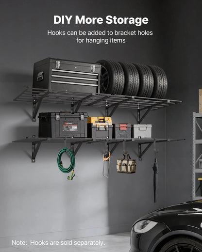 VEVOR 2-Tier Heavy Duty Wall Garage Shelving, 4 Pack 2 x 3 ft Steel Wall Mounted Shelving Unit, 24 x 72 Inch Per Shelf Floating Storage Metal Rack for Garage, 1600 lbs Total Weight Capacity, Black - View 5