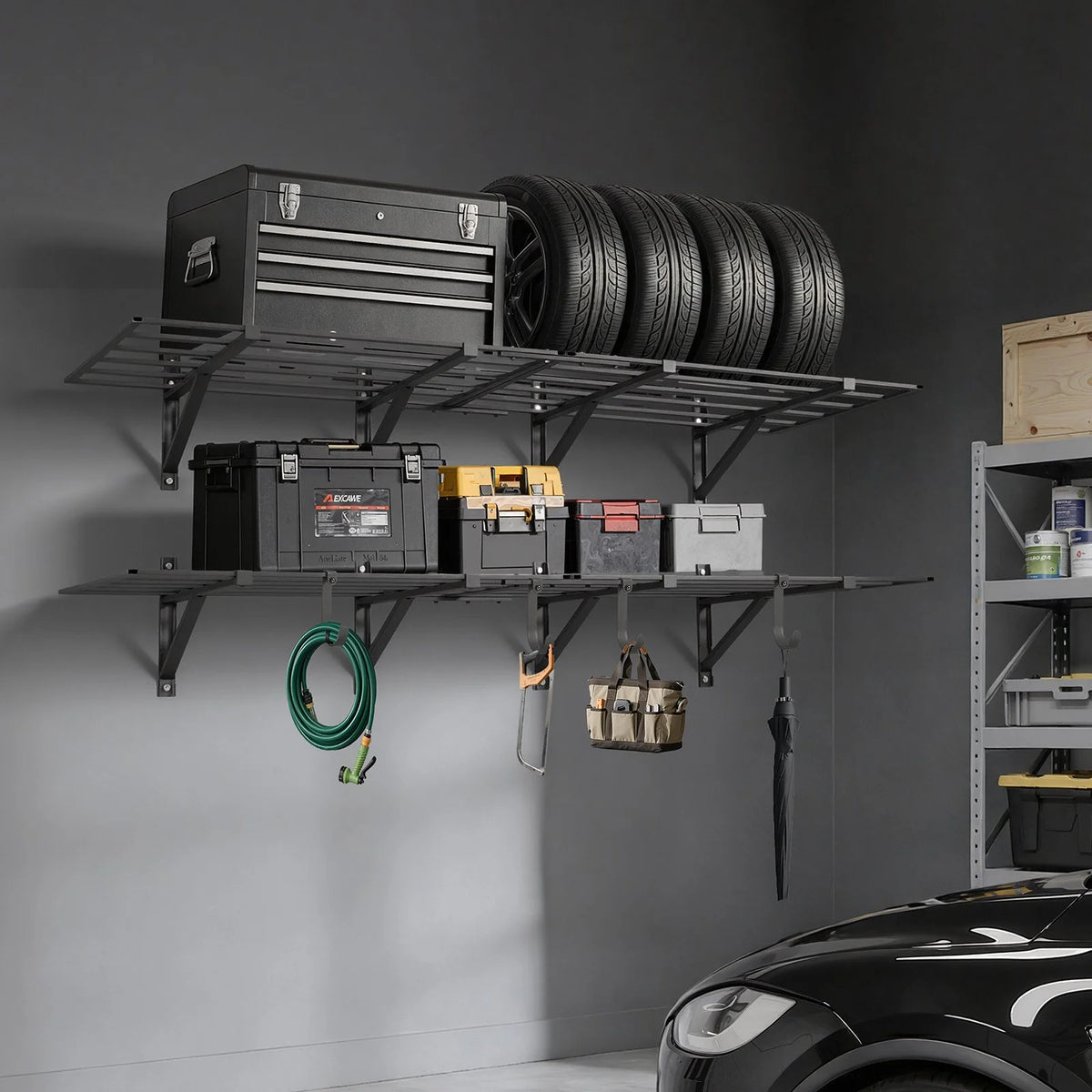 VEVOR 2-Tier Heavy Duty Wall Garage Shelving, 4 Pack 2 x 3 ft Steel Wall Mounted Shelving Unit, 24 x 72 Inch Per Shelf Floating Storage Metal Rack for Garage, 1600 lbs Total Weight Capacity, Black - View 7