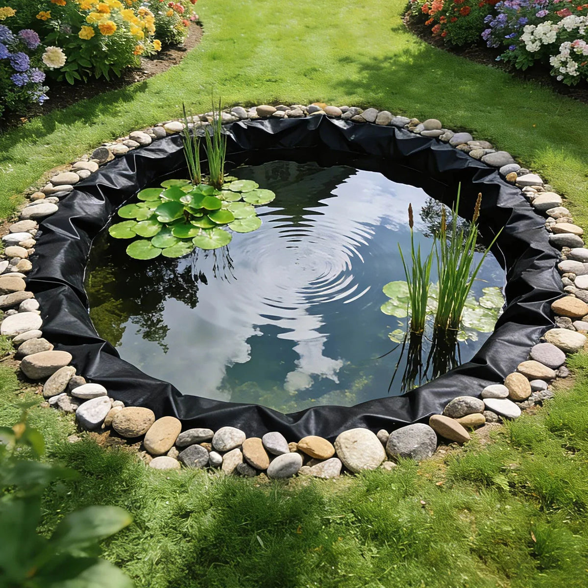 VEVOR 20 x 25 ft Pond Liner, 14 Mil Thickness, 3-Layer Reinforced PE Fish Koi Pond Liner for Outdoor Ponds, with Hemmed Edge and 4 Metal Buttonholes, for Water Garden, Waterfall, and Fountains, Black - View 7