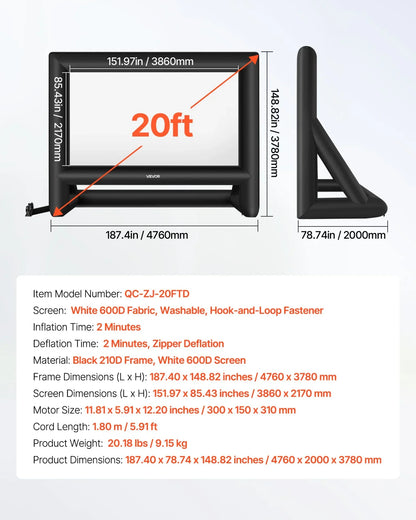VEVOR 20FT Inflatable Movie Screen, Inflatable Projector Screen with Portable Storage Bag, 16:9 Easy Set Up Movie Projection for Outdoor Backyard, Home Theater, Theme Party - View 6