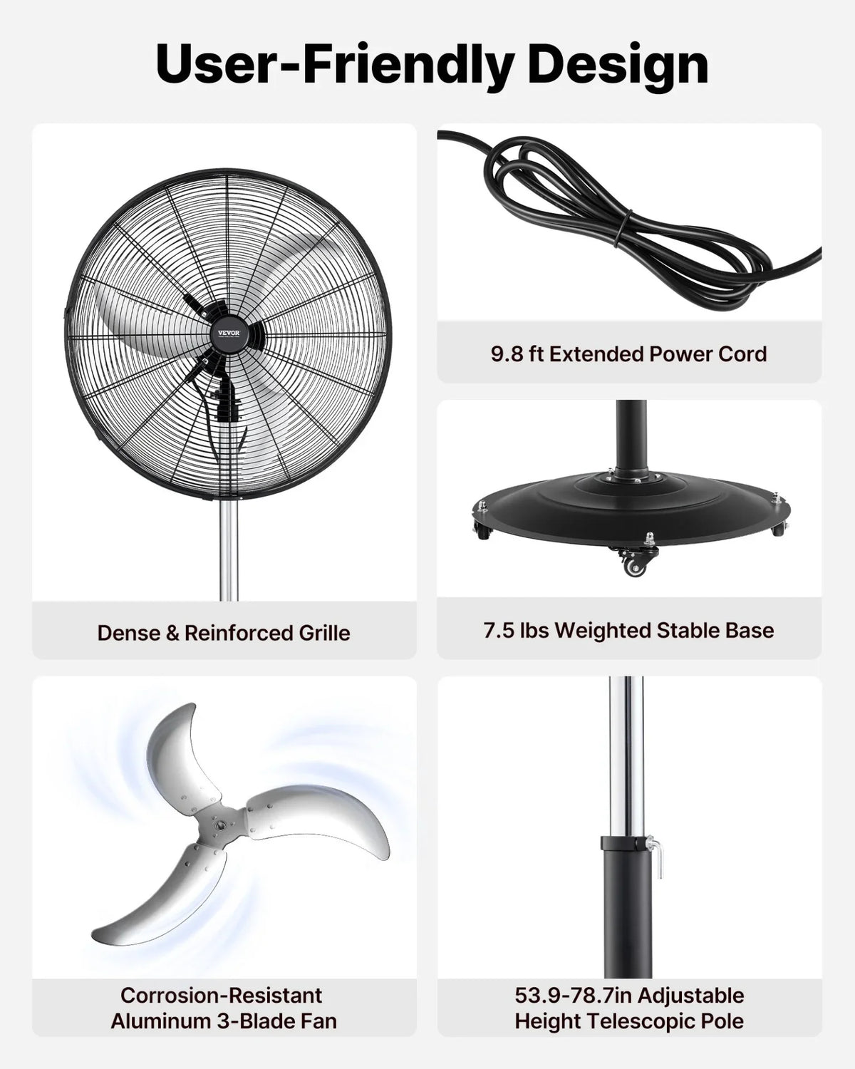 VEVOR 24-Inch High Velocity Pedestal Fan, 6800 CFM Industrial Standing Floor Fan with 85° Oscillating, 3-Speed Adjustable Height, IP44 Waterproof, Carbon Steel for Commercial, Garage, Workshop, Black - View 4